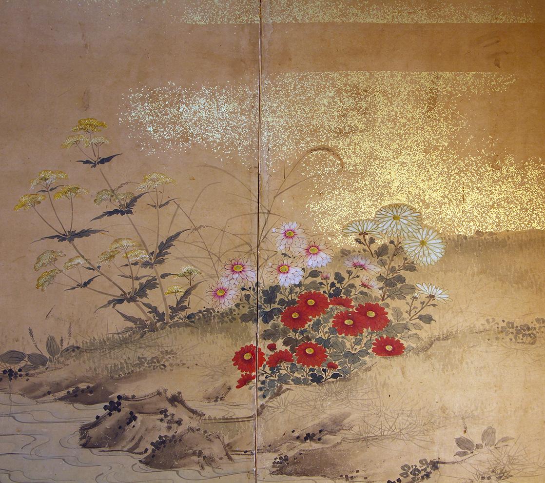 Gold Edo 19th Century, Japanese Folding Screen Six Panels Hand Painted on Rise Paper
