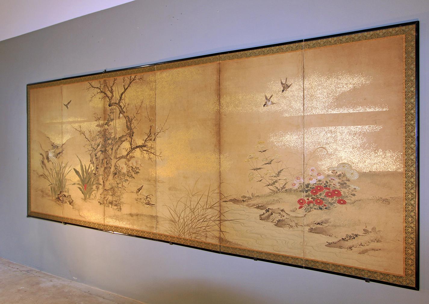 Edo 19th Century, Japanese Folding Screen Six Panels Hand Painted on Rise Paper 1