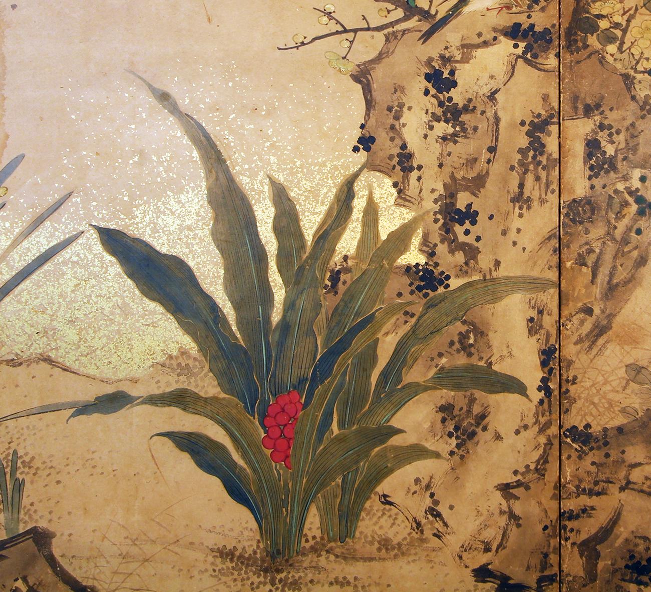 Edo 19th Century, Japanese Folding Screen Six Panels Hand Painted on Rise Paper 2