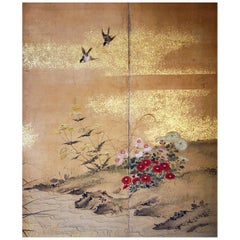 Antique Edo 19th Century, Japanese Folding Screen Six Panels Hand Painted on Rise Paper