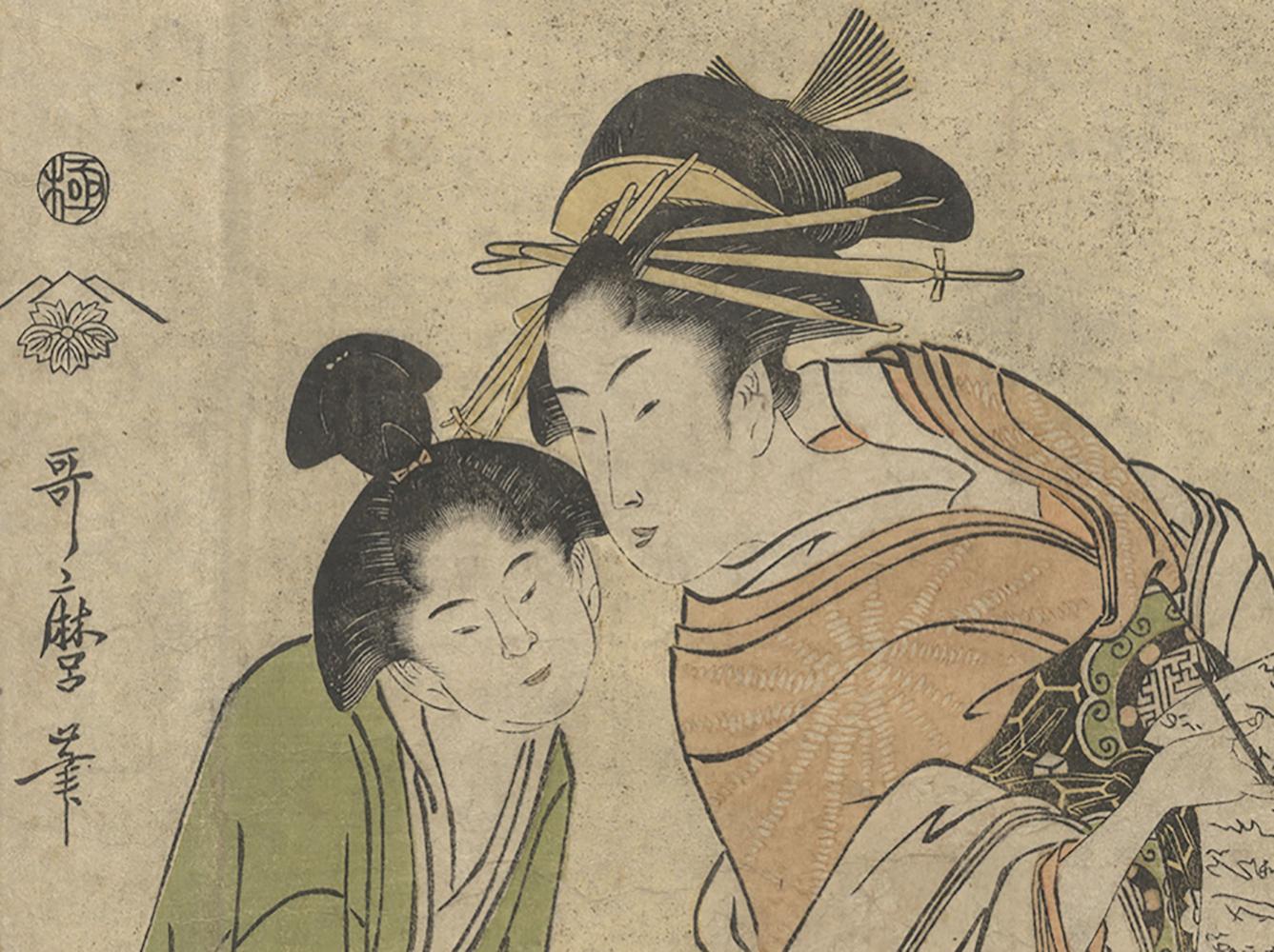 Hand-Crafted Edo Beauty, Floating World Courtesan, Utamaro, Original Japanese Woodblock Print For Sale