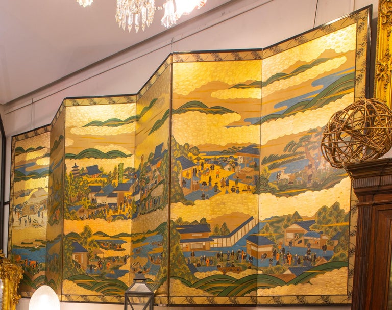 Edo Byobu Screen, Japanese Hand Painted and Gilded Six Paper Panels at 1stDibs