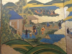 Edo Byobu Screen, Japanese Hand Painted and Gilded Six Paper Panels