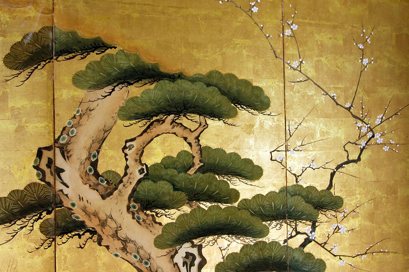 Edo, Early 19th Century, Japanese Folding Screen Six Panels Painted on Gold Leaf In Good Condition In Brescia, IT