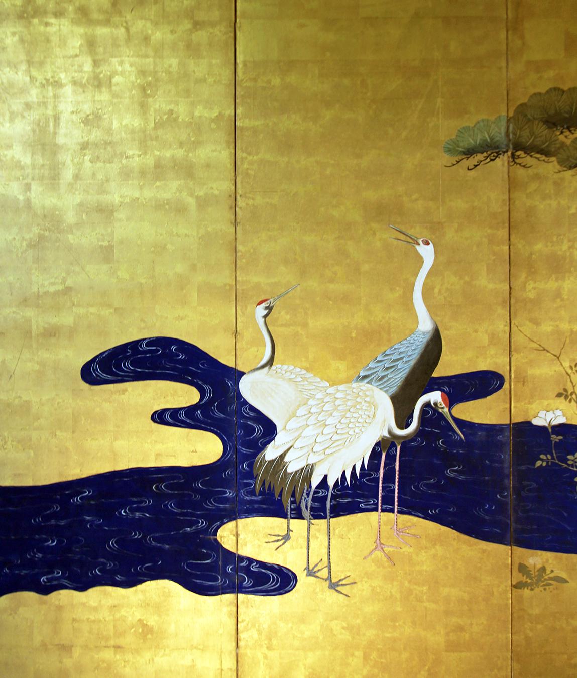 Edo, Early 19th Century, Japanese Folding Screen Six Panels Painted on Gold Leaf 1