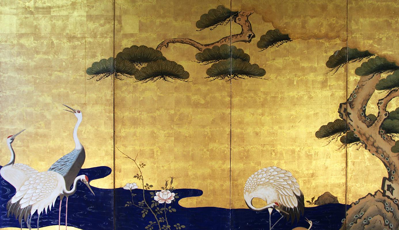 Edo, Early 19th Century, Japanese Folding Screen Six Panels Painted on Gold Leaf 2