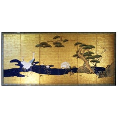 Edo, Early 19th Century, Japanese Folding Screen Six Panels Painted on Gold Leaf