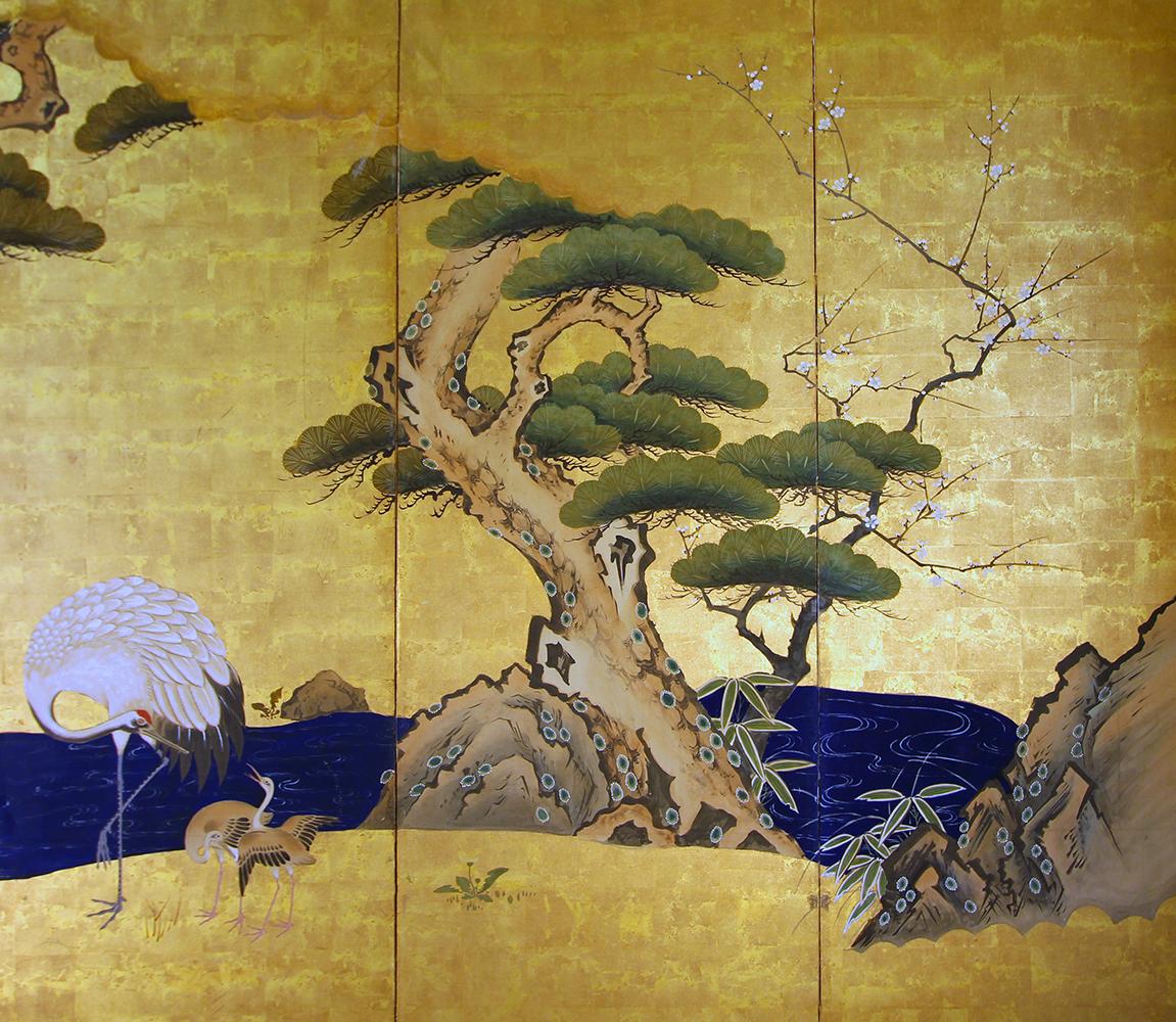 Japanese Kano School: Folding screen with pine, crane and Sakura flowers. Ink color and gold on vegetable paper.