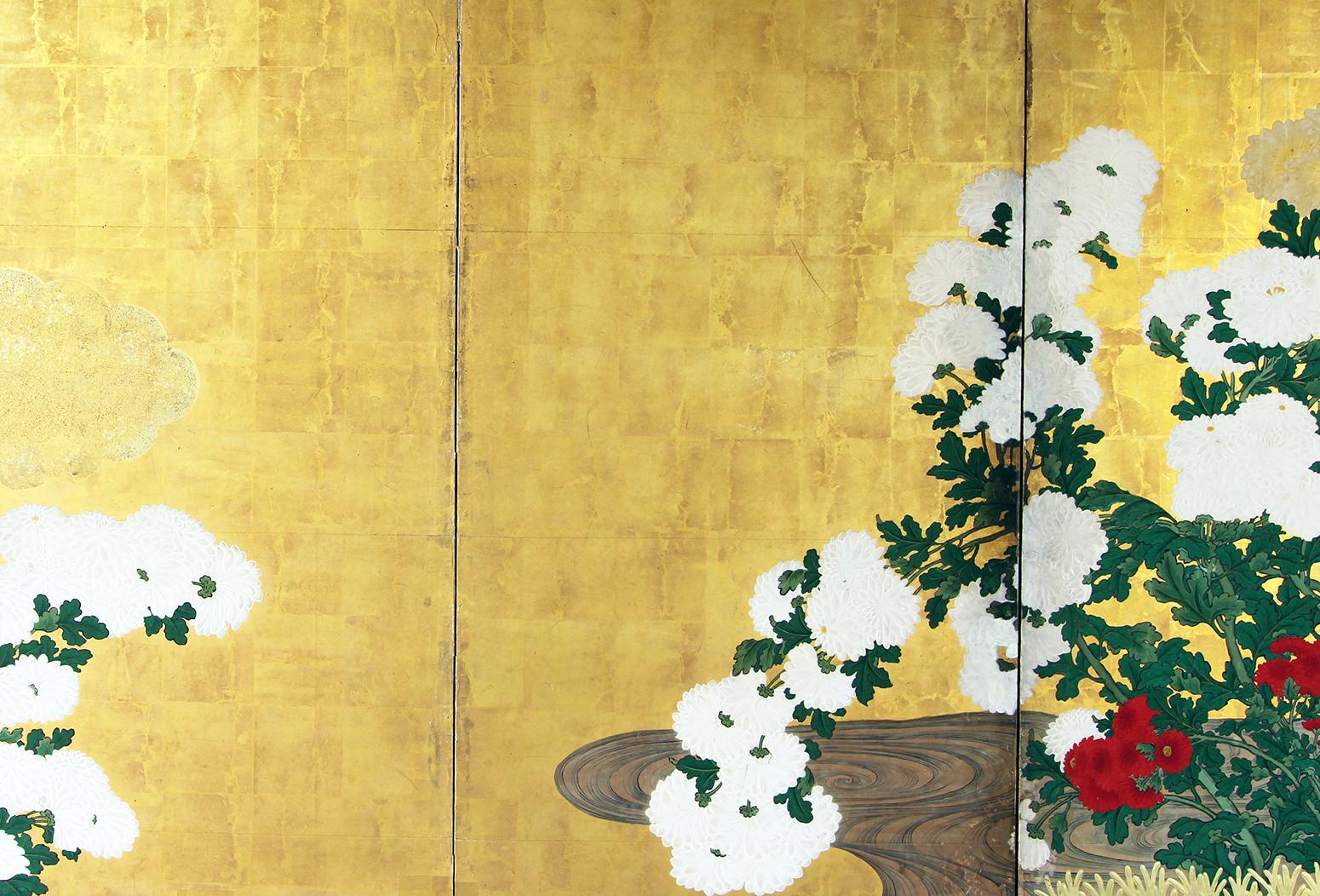 Hand-Painted Edo Japanese Folding Screen Four Panels Gold Leaf For Sale
