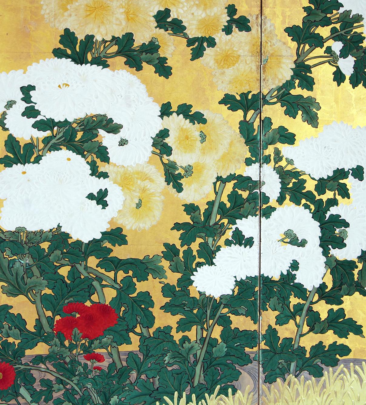Edo Japanese Folding Screen Four Panels Gold Leaf 1