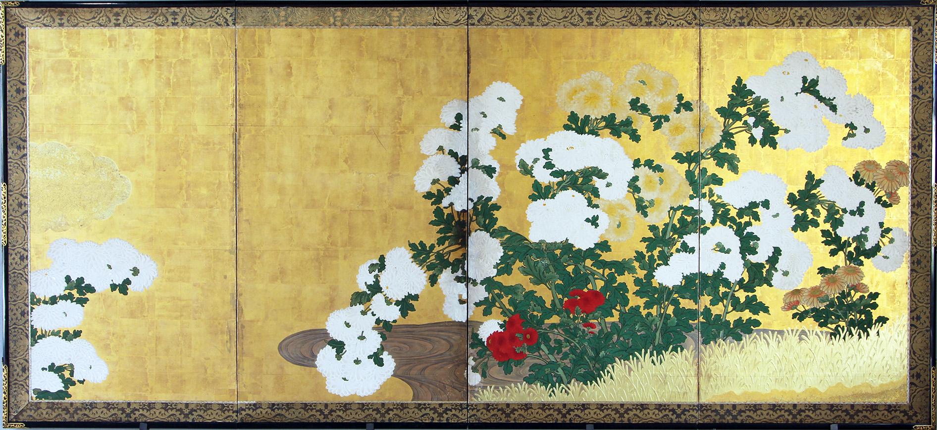 Edo Japanese Folding Screen Four Panels Gold Leaf For Sale 2