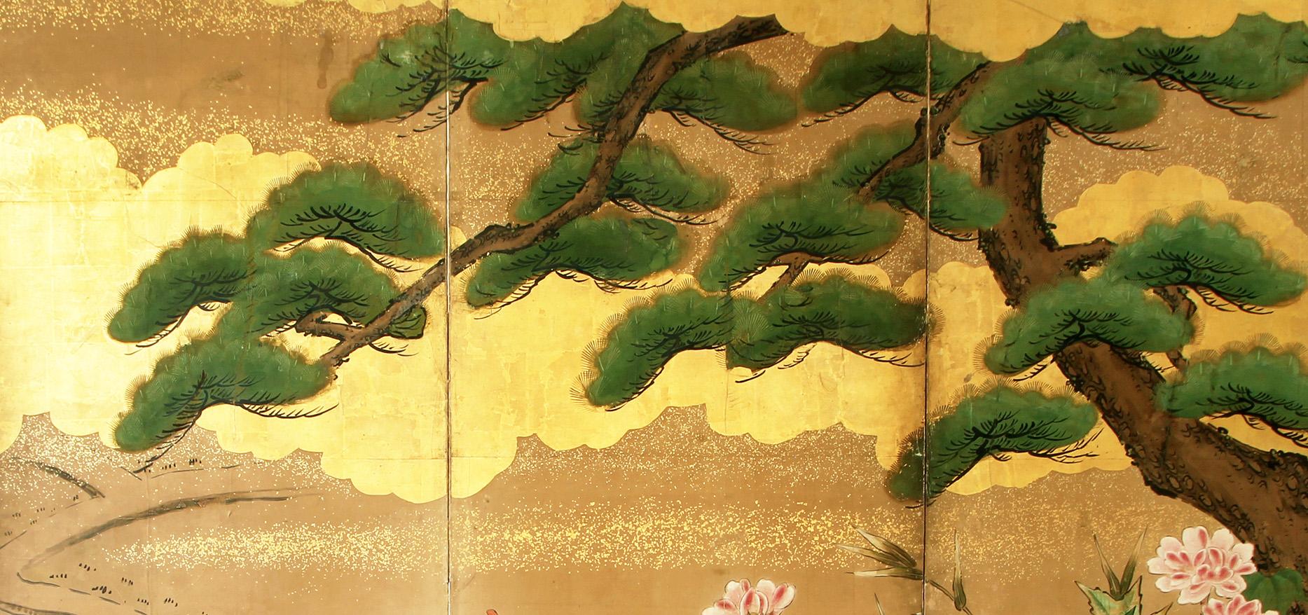 Hand-Painted Edo Japanese Folding Screen Gold Leaf Six Panels, Decorative Asian Landscape