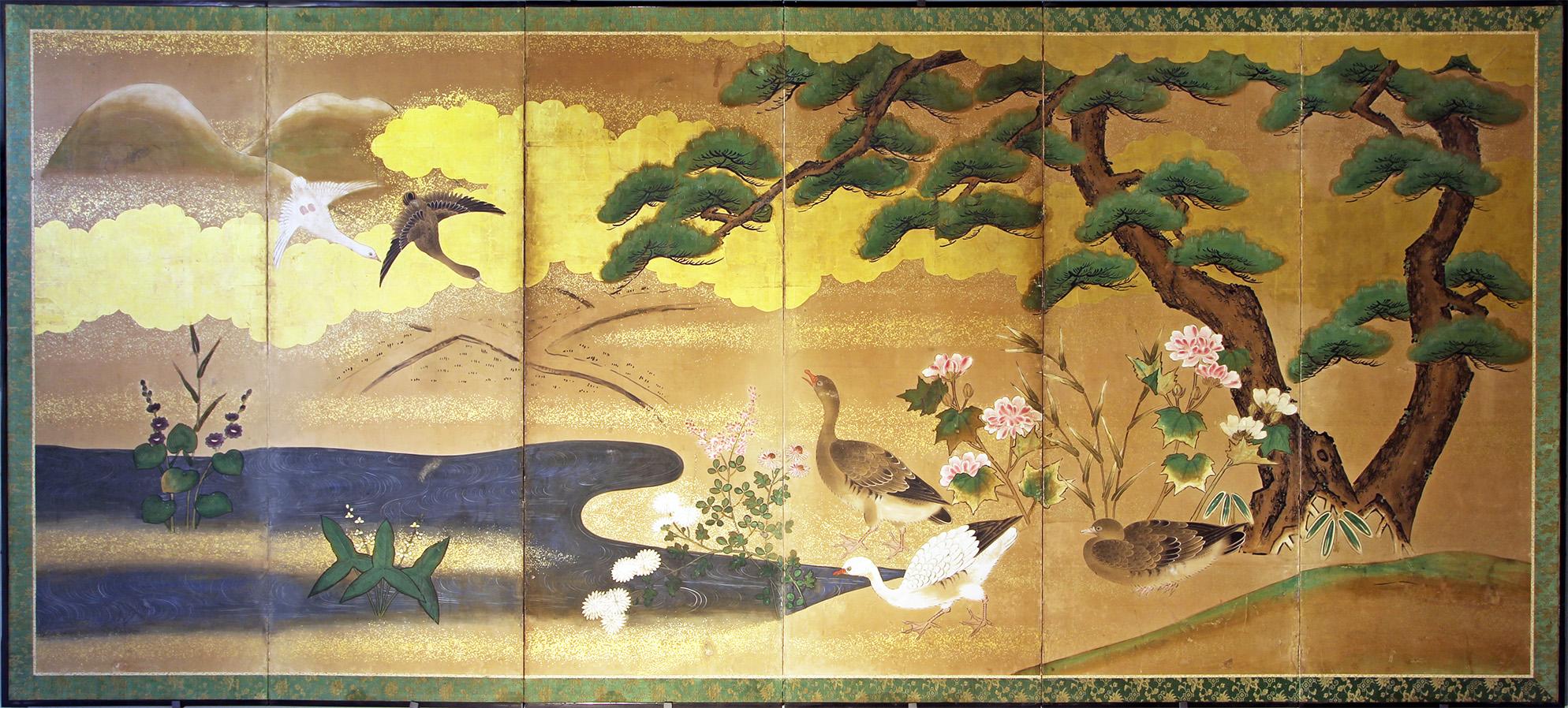 Edo Japanese Folding Screen Gold Leaf Six Panels, Decorative Asian Landscape In Good Condition In Brescia, IT