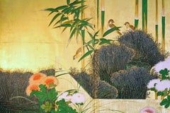Edo, Japanese Folding Screen, Six Panels Hand Painted Un Gold Leaf