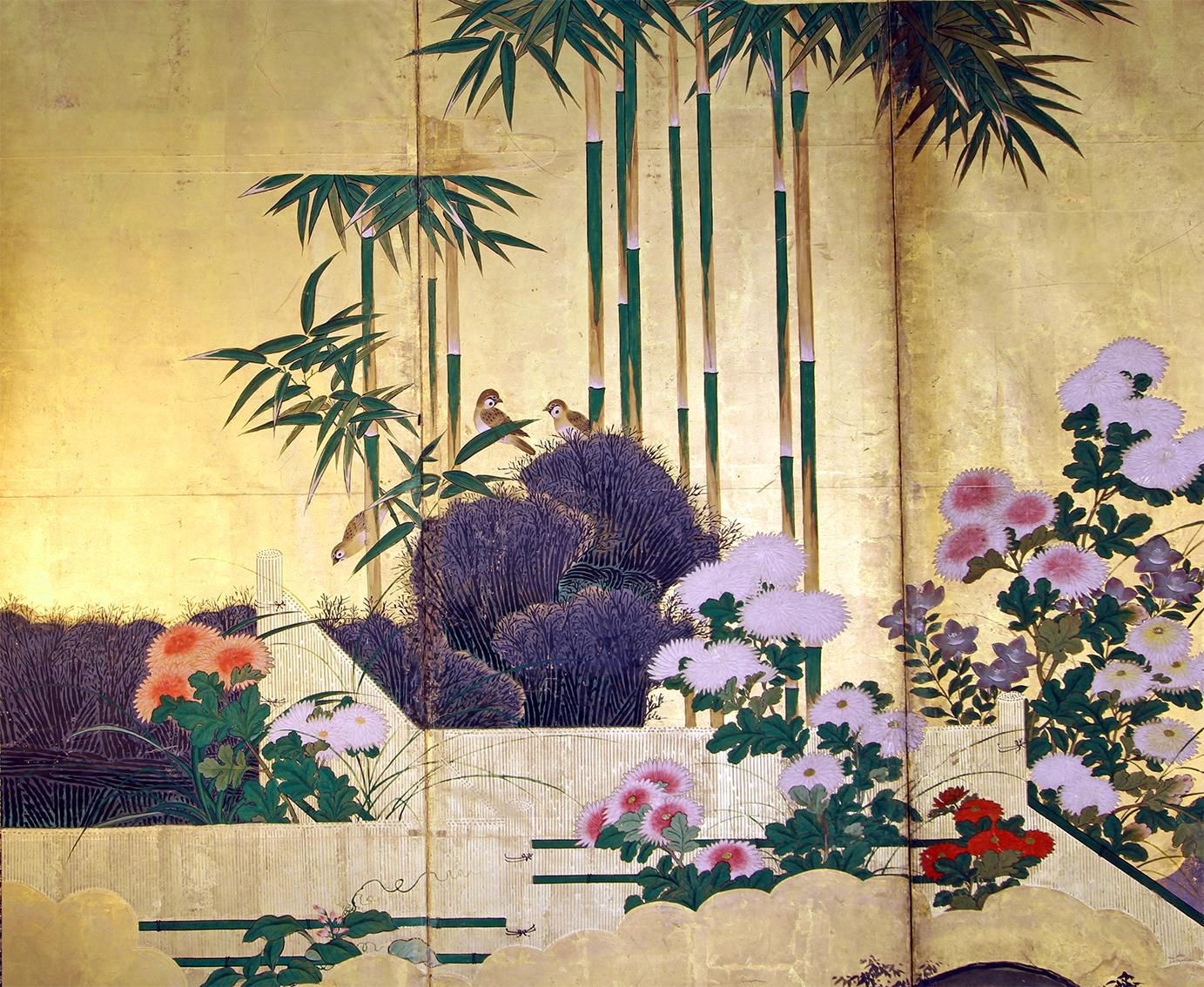 Hand-Painted Edo, Japanese Folding Screen, Six Panels Hand Painted Un Gold Leaf