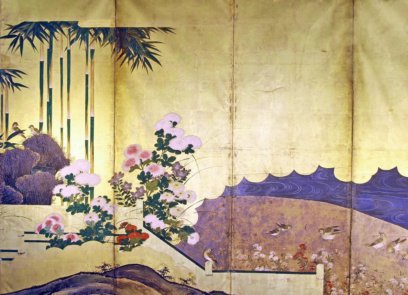 Edo, Japanese Folding Screen, Six Panels Hand Painted Un Gold Leaf In Good Condition In Brescia, IT