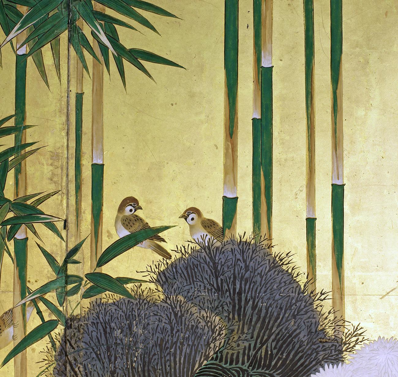 19th Century Edo, Japanese Folding Screen, Six Panels Hand Painted Un Gold Leaf
