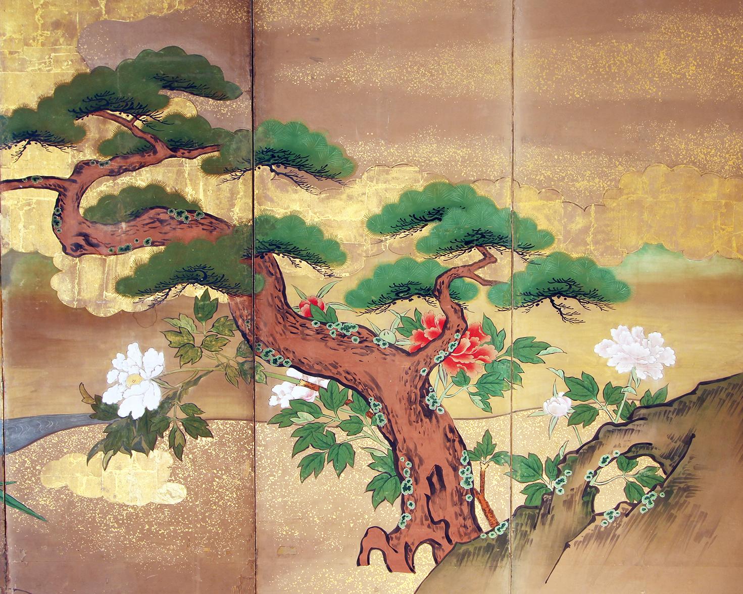 Hand-Painted Edo Japanese Landscape Screen Four Panels Gold Leaf