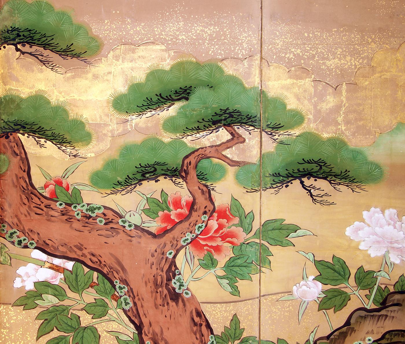 Edo Japanese Landscape Screen Four Panels Gold Leaf In Good Condition In Brescia, IT