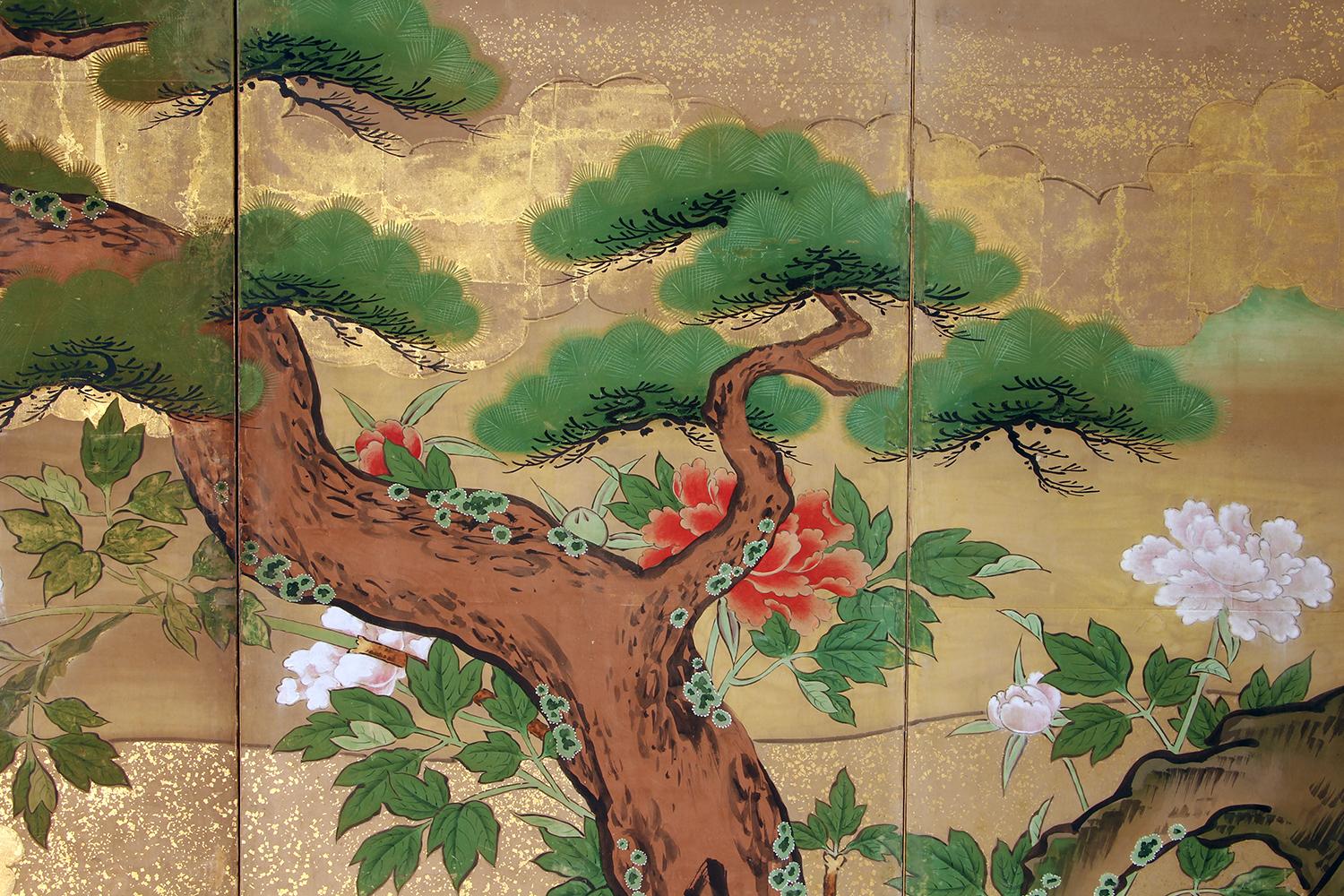 18th Century Edo Japanese Landscape Screen Four Panels Gold Leaf