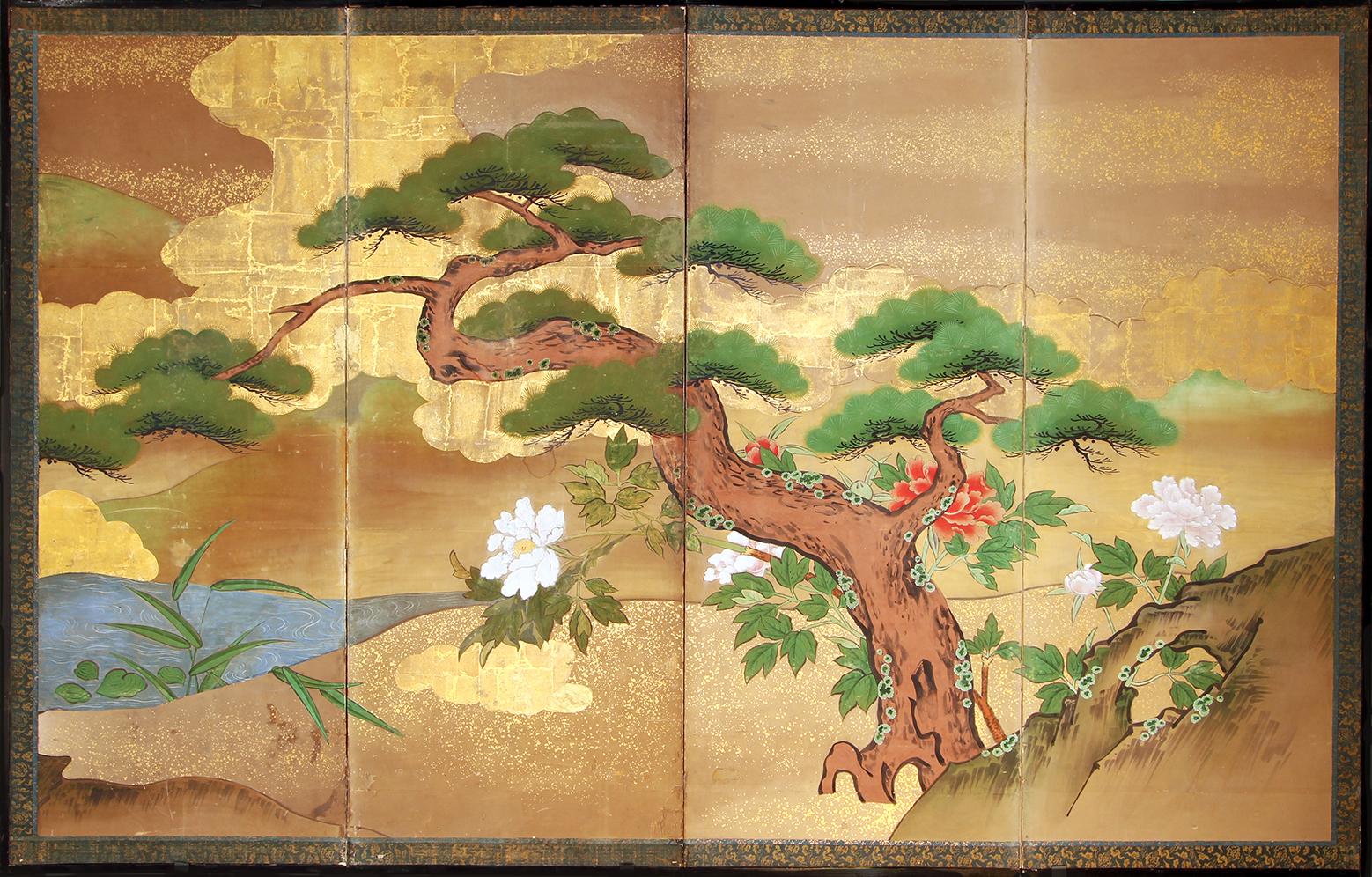 Edo Japanese Landscape Screen Four Panels Gold Leaf 1