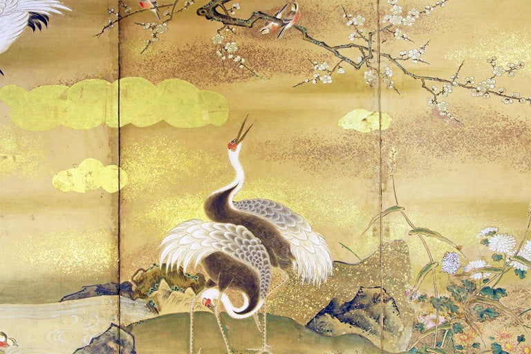 Edo Japanese Screen Gold Leaf Four Panels For Sale at 1stDibs