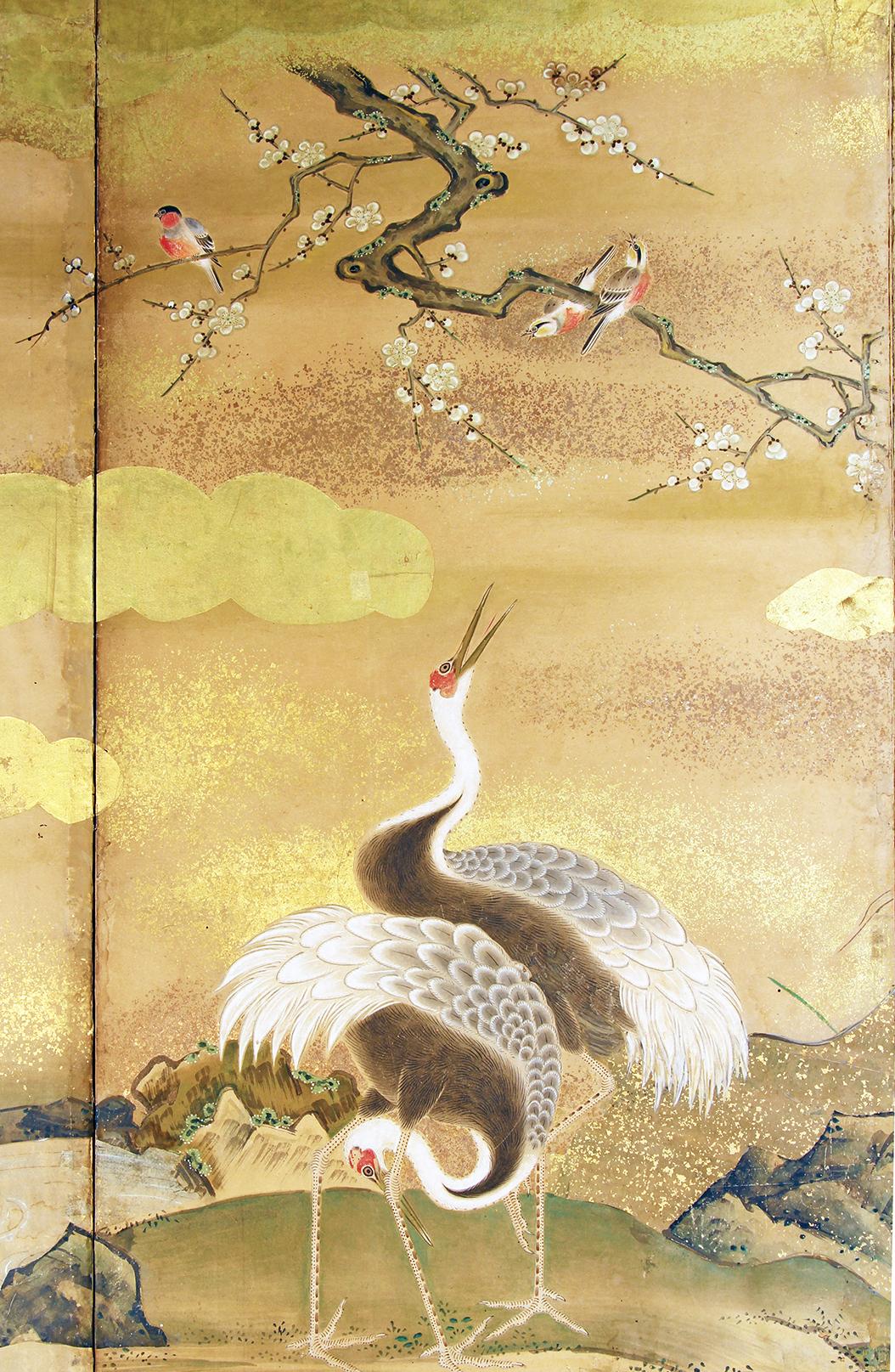 Hand-Painted Edo Japanese Screen Gold Leaf Four Panels