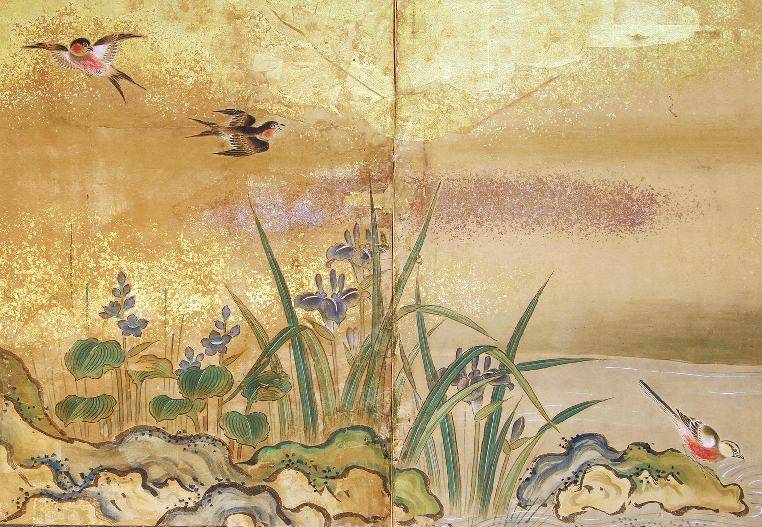 Peint à la main Écran japonais Edo à quatre panneaux en feuilles d'or 