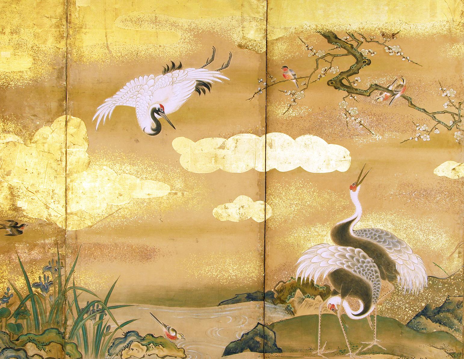 18th Century Edo Japanese Screen Gold Leaf Four Panels