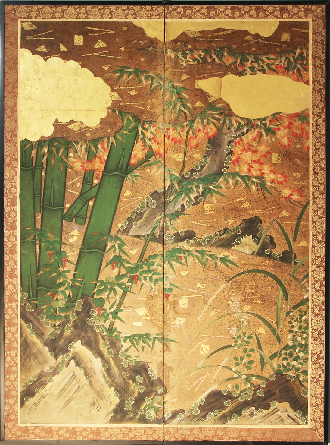 Edo, Japanischer Raumteiler mit zwei Tafeln, Rinpa-Schule (Blattgold) im Angebot