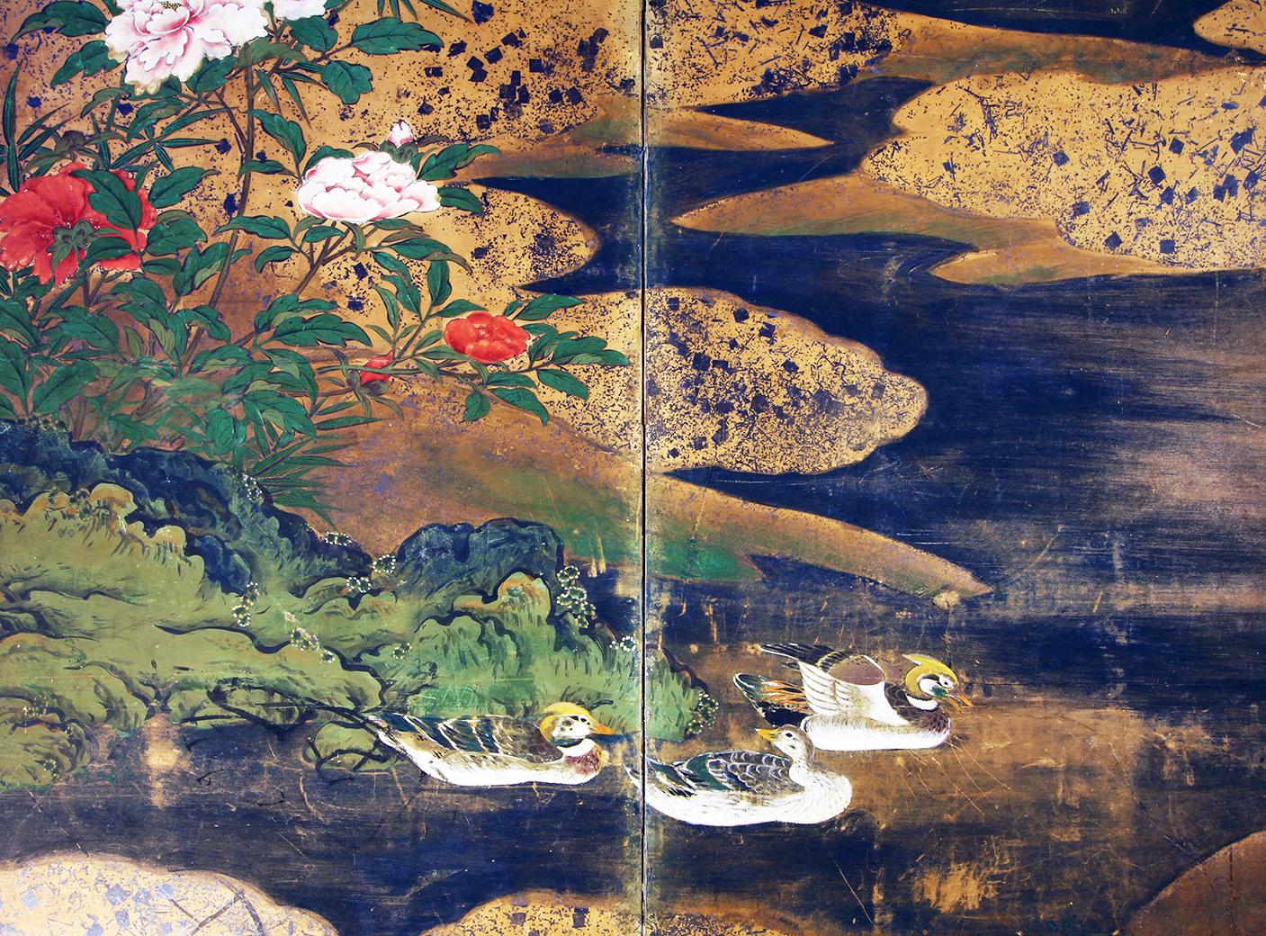 Hand-Painted Edo Japanese Two Panel Screen, Landscape with Ducks