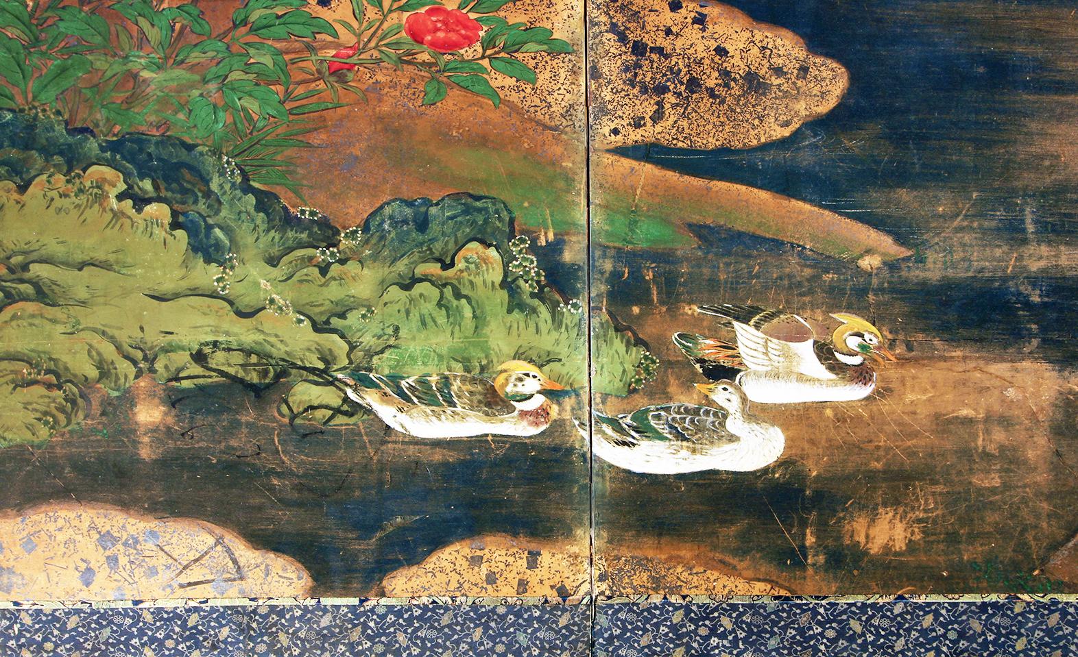 18th Century and Earlier Edo Japanese Two Panel Screen, Landscape with Ducks