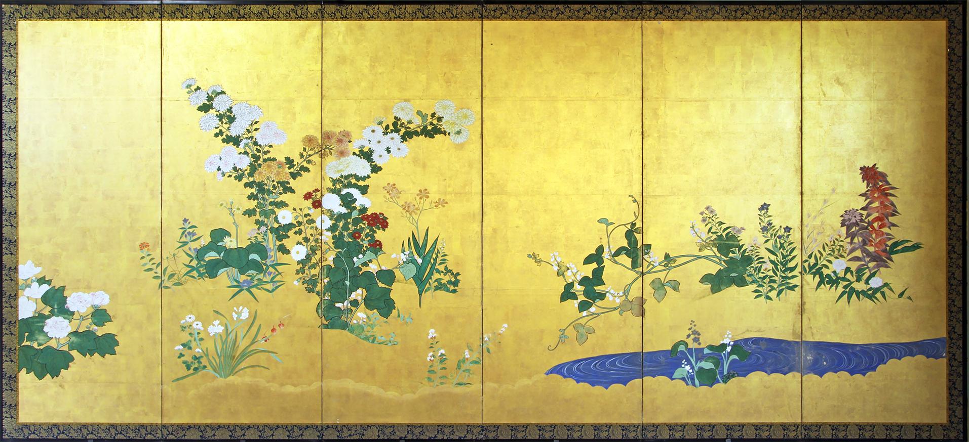 Feuille d'or Écran de pliage japonais Edo Landscape en vente