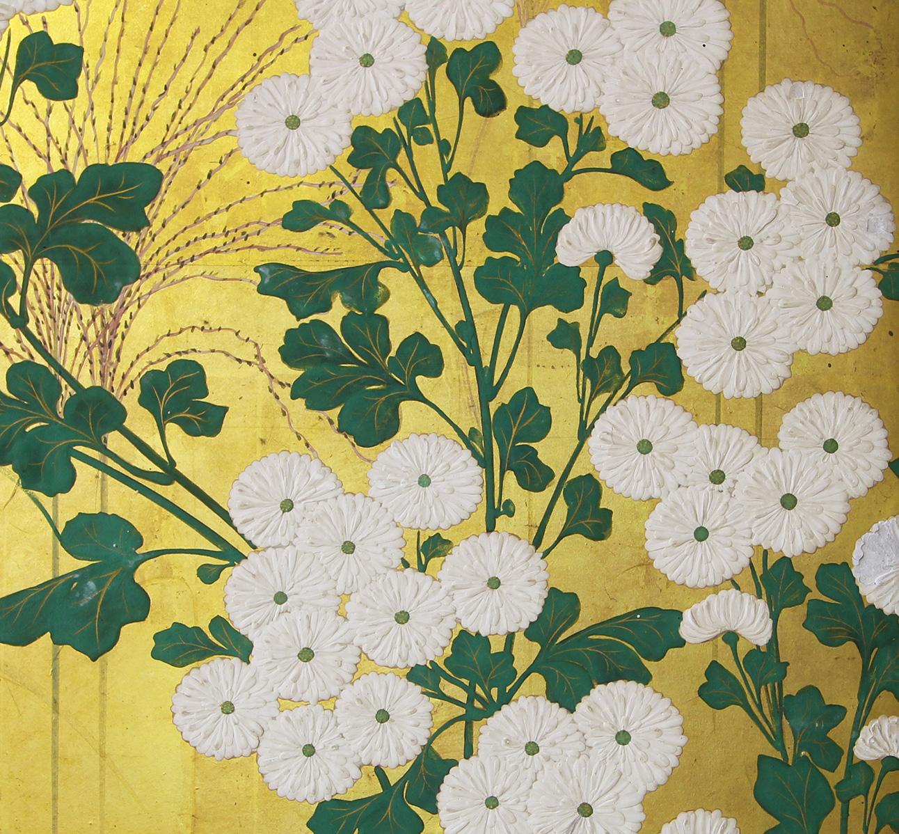 Hand-Painted Edo Landscape Japanese Folding Screen in Gold Leaf