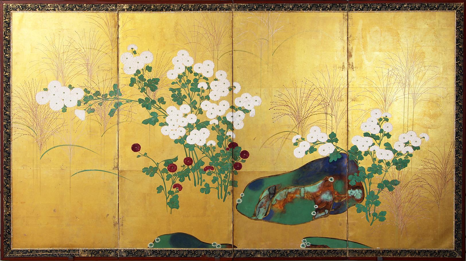 Edo Landscape Japanese Folding Screen in Gold Leaf In Good Condition In Brescia, IT