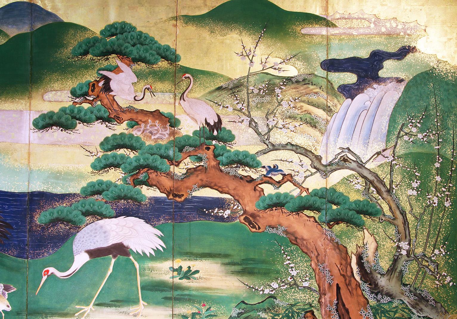 This Japanese screen is a beautiful example of a landscape with pine trees, peonies, birds and cranes in the water, it releases a pleasant feeling of harmony in nature.
The work is from the end of the 18th century, full Edo period, the artist is