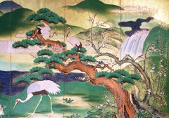Edo Landscape Japanese Folding Screen Six Panels Hand Painted Gold Leaf