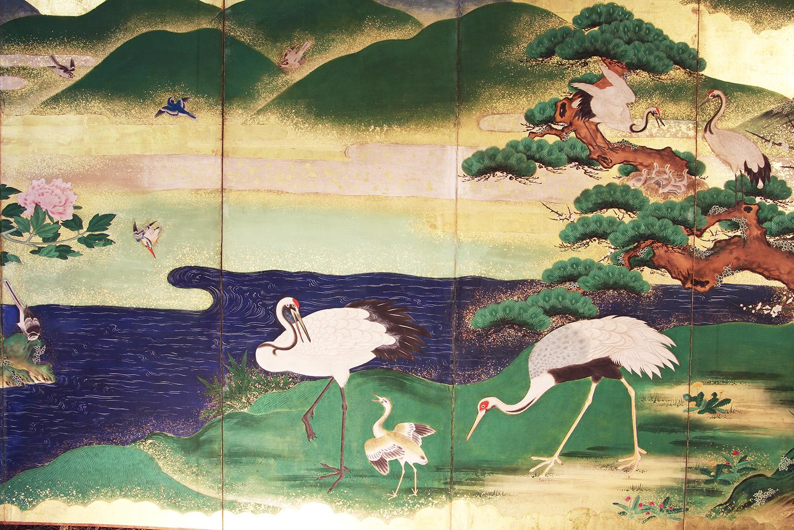 Hand-Painted Edo Landscape Japanese Folding Screen Six Panels Hand Painted Gold Leaf
