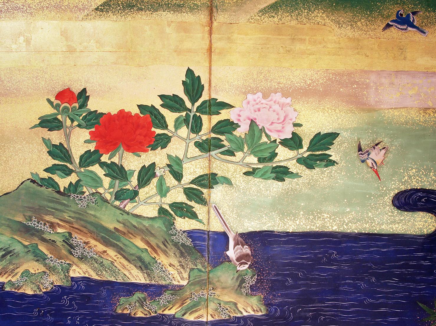18th Century Edo Landscape Japanese Folding Screen Six Panels Hand Painted Gold Leaf