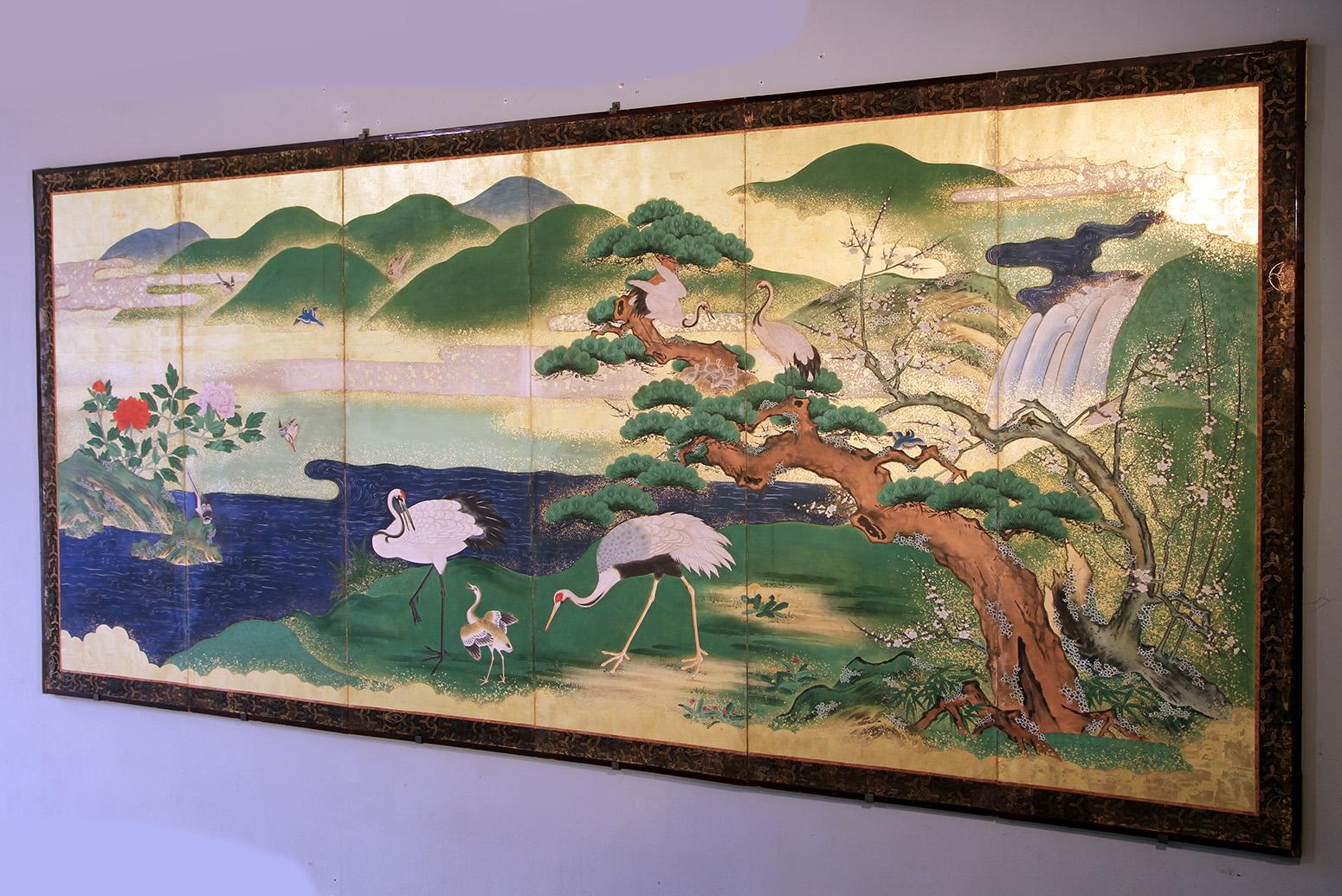 Edo Landscape Japanese Folding Screen Six Panels Hand Painted Gold Leaf 1