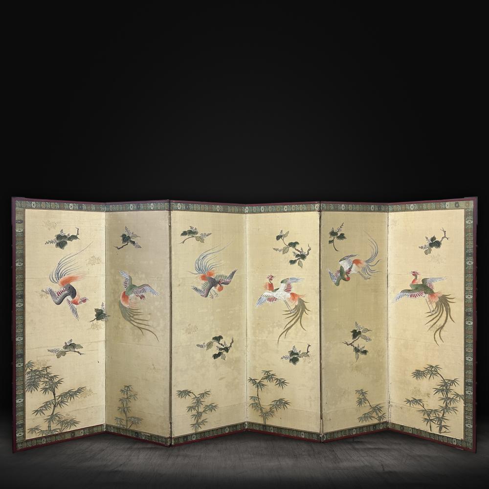 Edo-Meiji Raumteiler mit Phoenix-Vogeln im Angebot 1