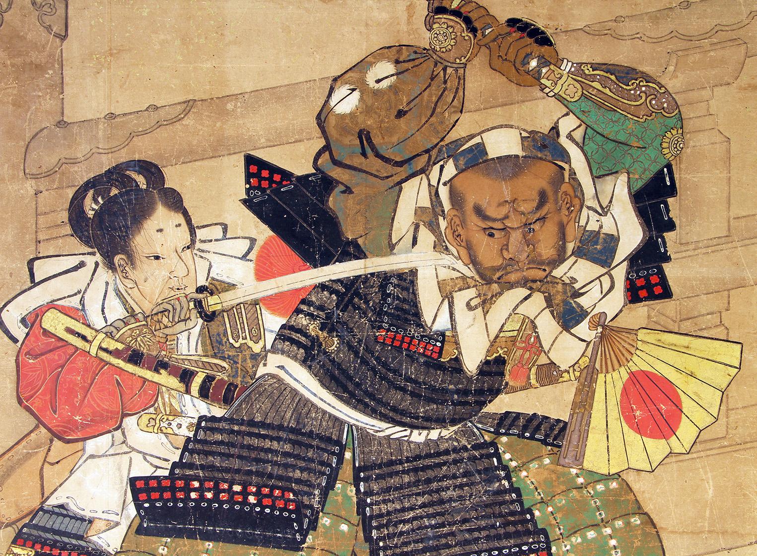 Large 18th century painting executed with pigments and gold leaf on rice paper of the fight on the Gojo bridge in Kyoto between the famous Buddhist monk Benkei and the young samurai Yoshitsune.
Lucio Morini guarantees the authenticity and origin of