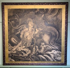Edo Period, '1603-1868' Sumi-e Dragon Screen with Gold Fleck