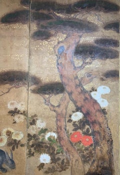 Edo Period '1615-1868' Pine Floral and Rabbit Screen