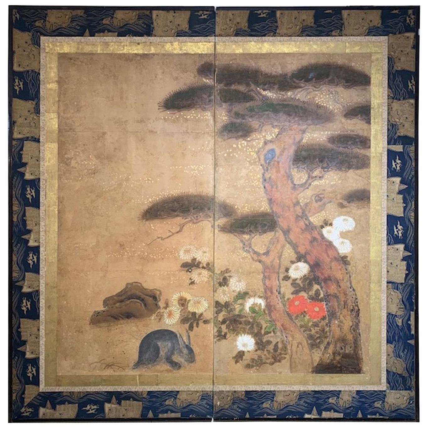 Edo Period '1615-1868' Pine Floral and Rabbit Screen For Sale