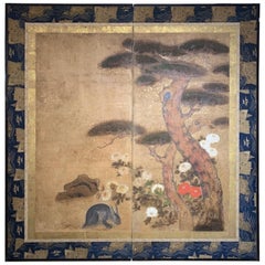 Edo Period '1615-1868' Pine Floral and Rabbit Screen