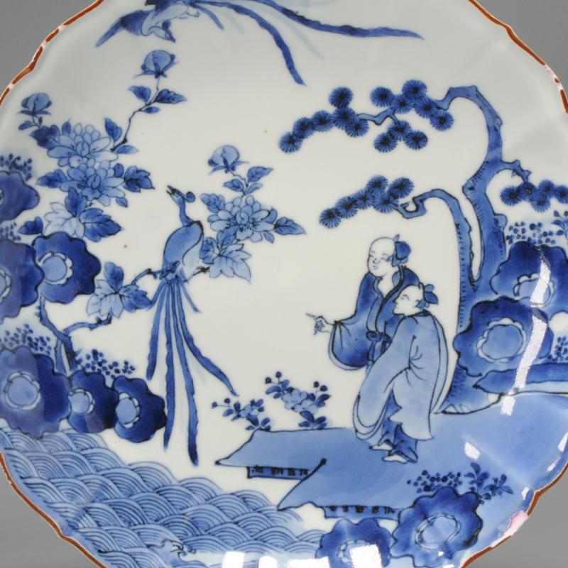 Qing Edo Period 1680-1690 Japanese Porcelain Dish Kakiemon Figures Bird Animal Flo For Sale