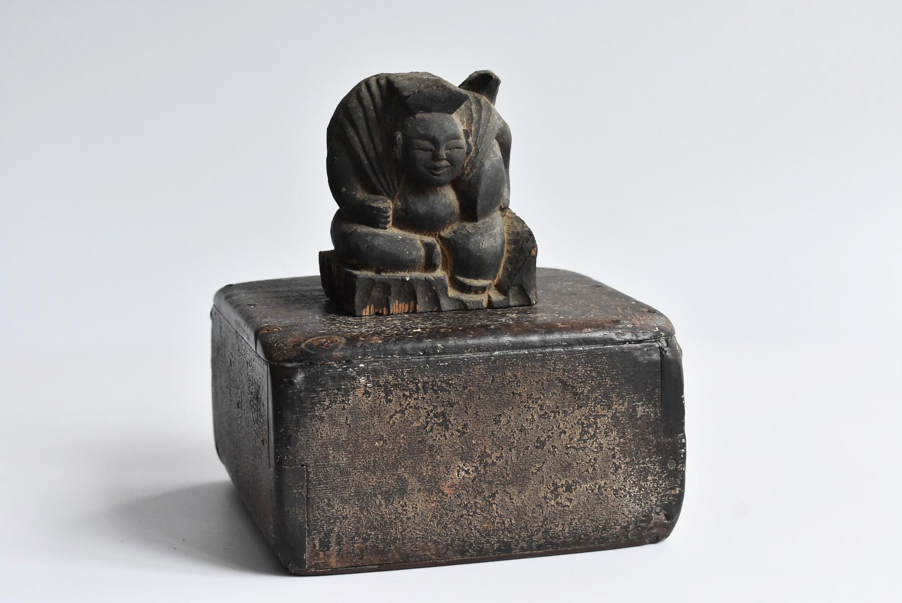 Edo Period Japanese Old Wooden Buddha Statue 'Ebisu' and Box 'Masu' 13