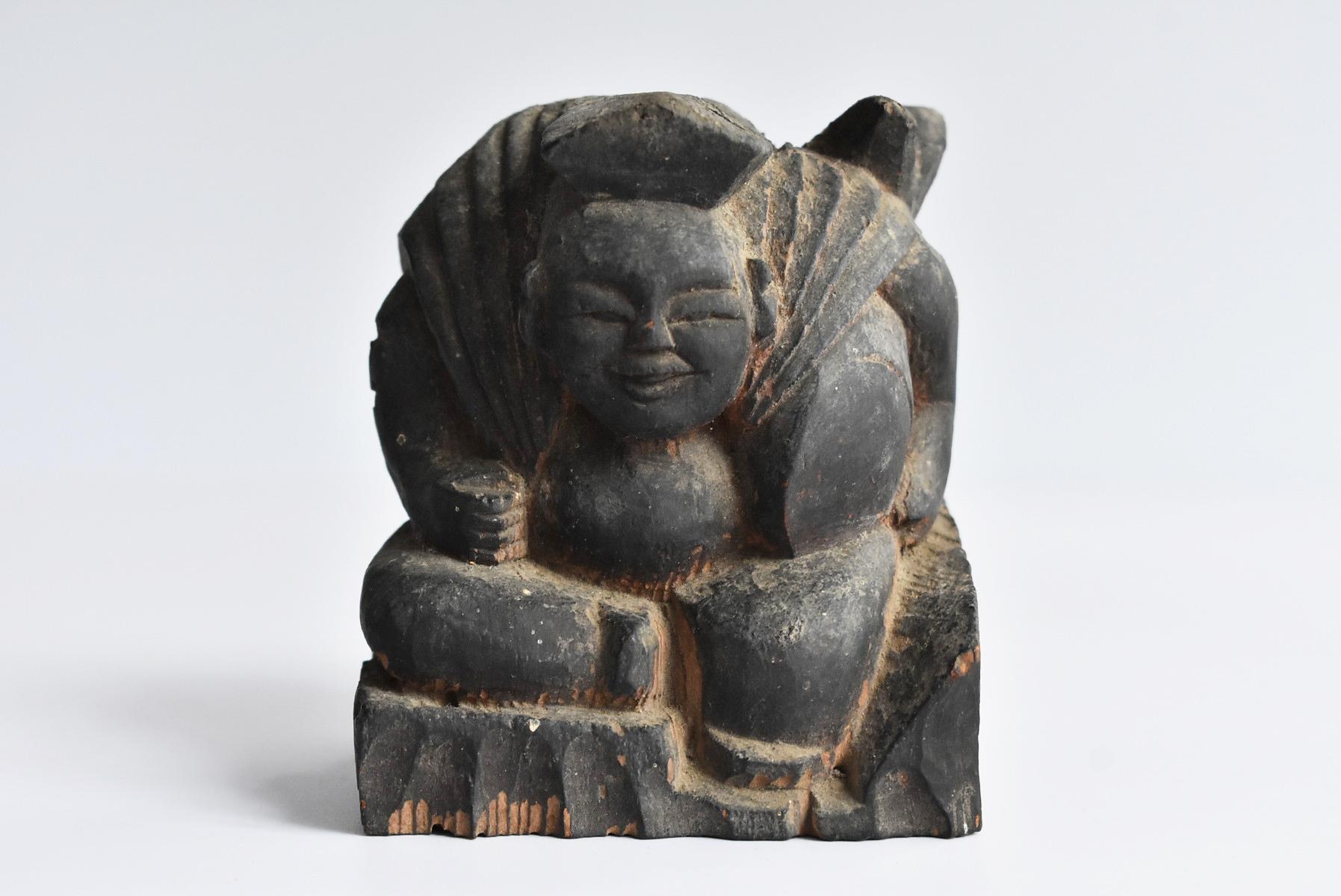 Cypress Edo Period Japanese Old Wooden Buddha Statue 'Ebisu' and Box 'Masu'