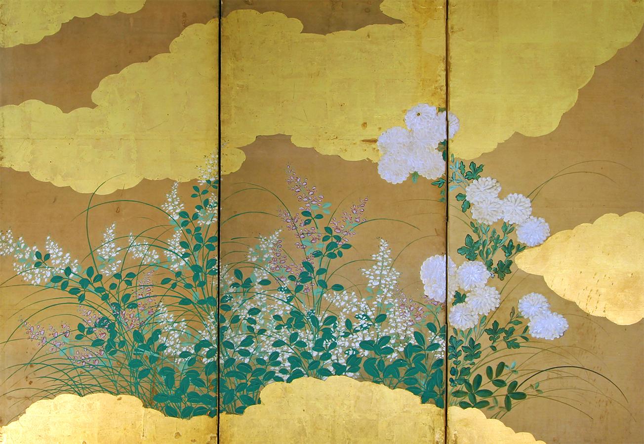Japanischer klappbarer Raumteiler aus der Edo-Periode des 19. Jahrhunderts mit sechs Tafeln, Blumen auf Blattgold im Angebot 1